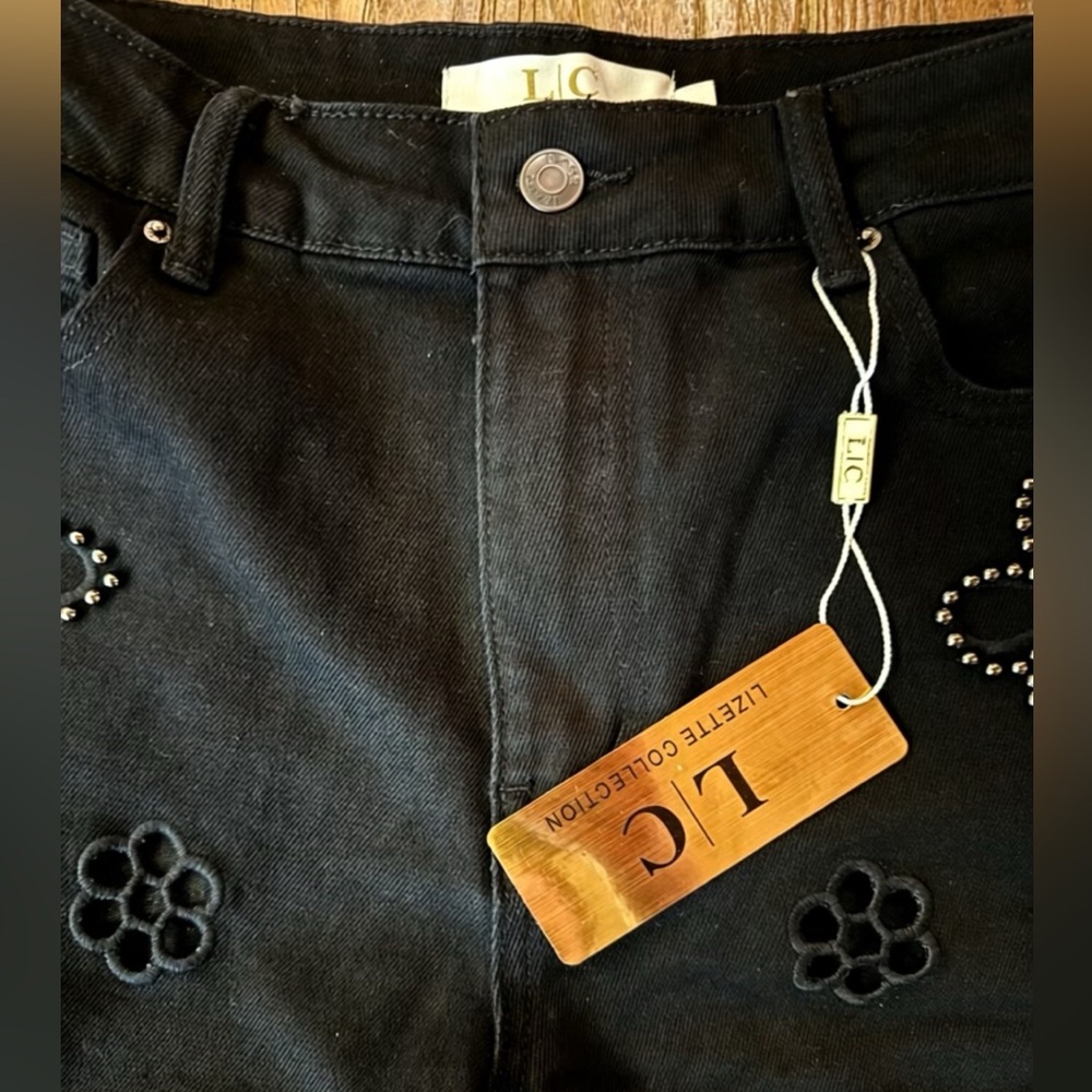 LC Lizette Collection Black Studded Floral Cutout Wide Leg Jeans - Size L - Picture 5 of 8